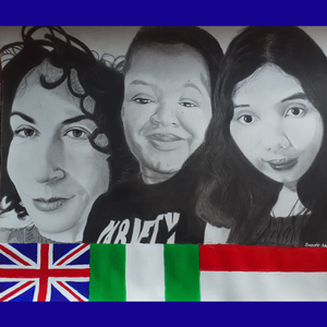 Artwork in charcoal, graphite and acrylic paint portraying 3 women from the UK, Nigeria and Indonesia. 